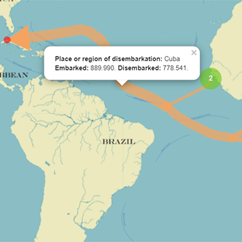 Karte des transatlantischen Sklavenhandels von den Küsten Afrikas nach Kuba 1501–1866